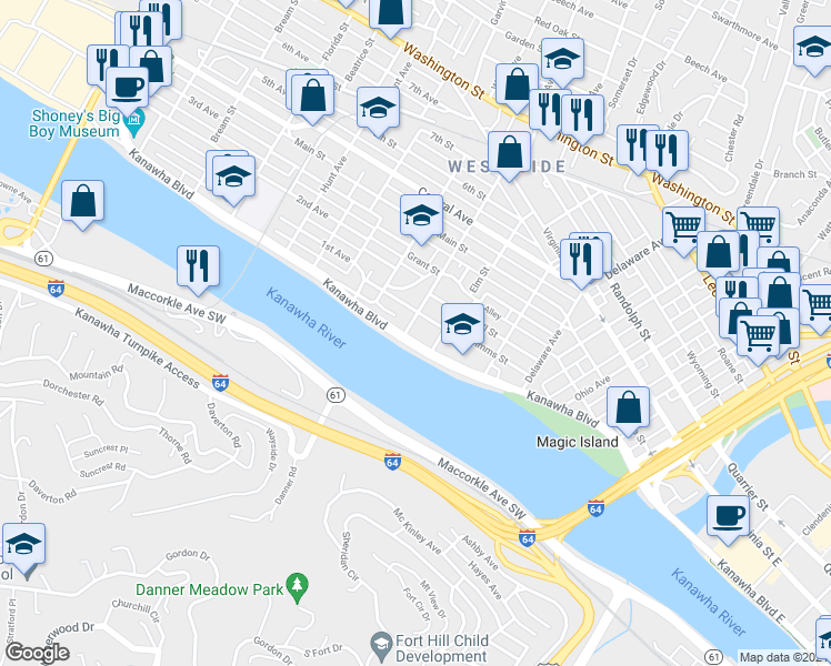 map of restaurants, bars, coffee shops, grocery stores, and more near 7 Park Avenue in Charleston