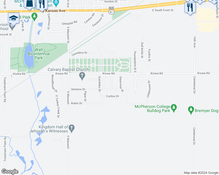 map of restaurants, bars, coffee shops, grocery stores, and more near 1411 Genesis Drive in McPherson