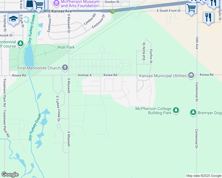 map of restaurants, bars, coffee shops, grocery stores, and more near 1411 Genesis Drive in McPherson