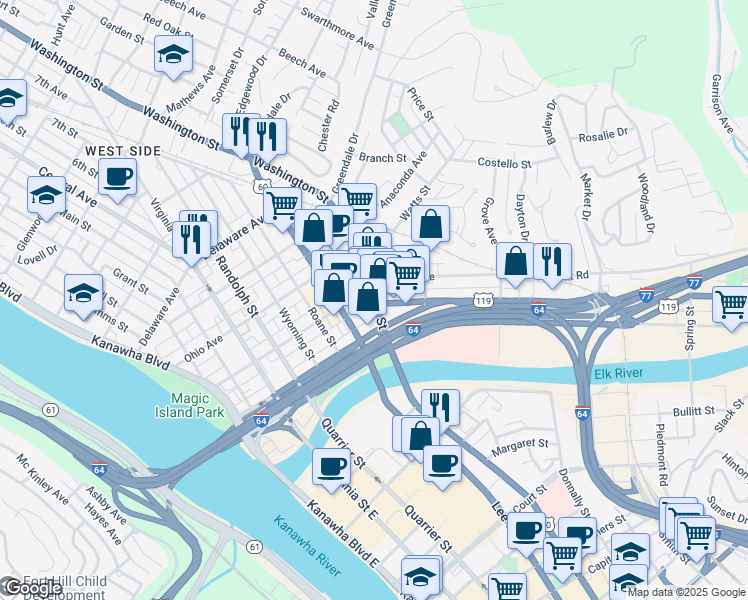 map of restaurants, bars, coffee shops, grocery stores, and more near 203 West Washington Street in Charleston