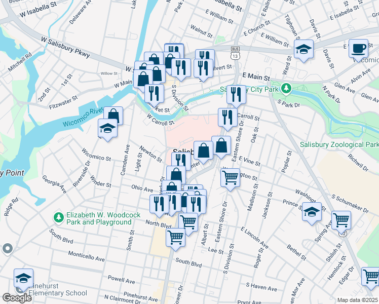 map of restaurants, bars, coffee shops, grocery stores, and more near in Salisbury