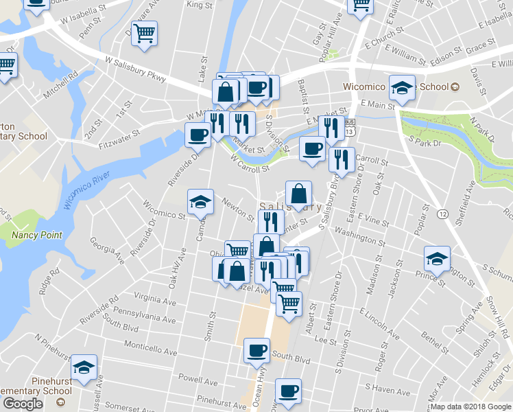 map of restaurants, bars, coffee shops, grocery stores, and more near 201 Locust Terrace in Salisbury