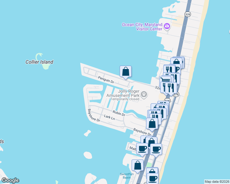 map of restaurants, bars, coffee shops, grocery stores, and more near 2821 Plover Drive in Ocean City