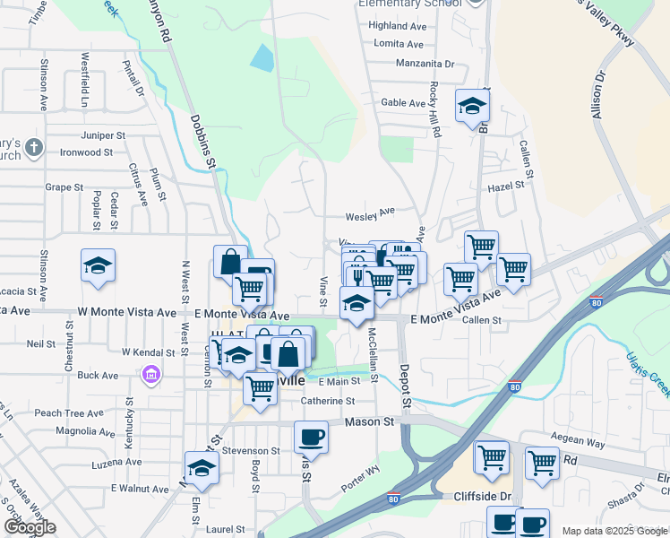 map of restaurants, bars, coffee shops, grocery stores, and more near 1079 Cabernet Court in Vacaville