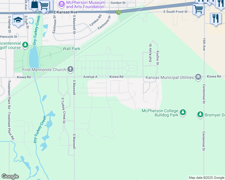 map of restaurants, bars, coffee shops, grocery stores, and more near 1411 Genesis Drive in McPherson