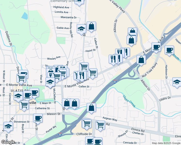 map of restaurants, bars, coffee shops, grocery stores, and more near 1119 East Monte Vista Avenue in Vacaville