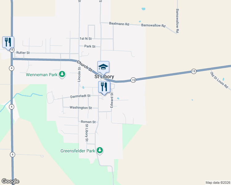 map of restaurants, bars, coffee shops, grocery stores, and more near 897 Edward Street in Saint Libory