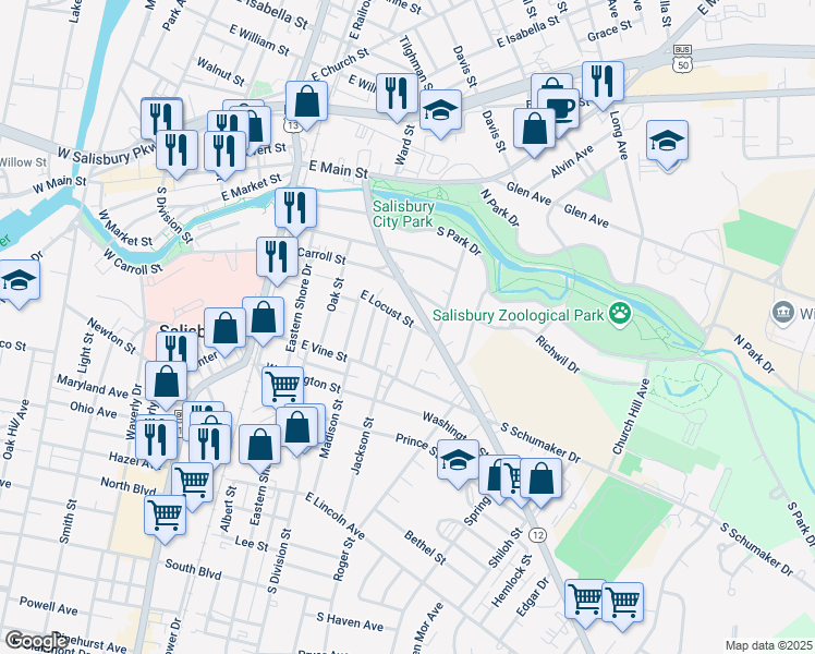 map of restaurants, bars, coffee shops, grocery stores, and more near 354 Snow Hill Road in Salisbury