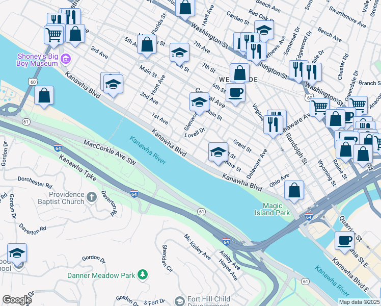map of restaurants, bars, coffee shops, grocery stores, and more near 7 Park Avenue in Charleston