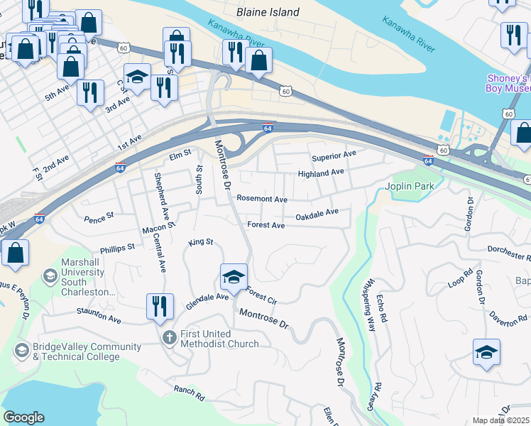 map of restaurants, bars, coffee shops, grocery stores, and more near 415 Spencer Street in Charleston