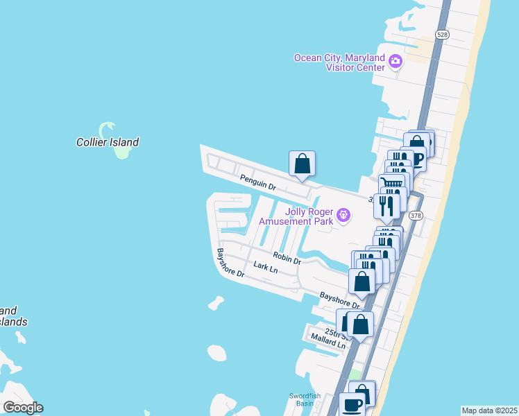 map of restaurants, bars, coffee shops, grocery stores, and more near 2818 Gull Way in Ocean City