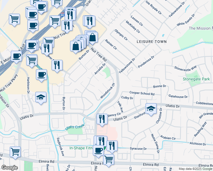 map of restaurants, bars, coffee shops, grocery stores, and more near 513 Rockridge Place in Vacaville