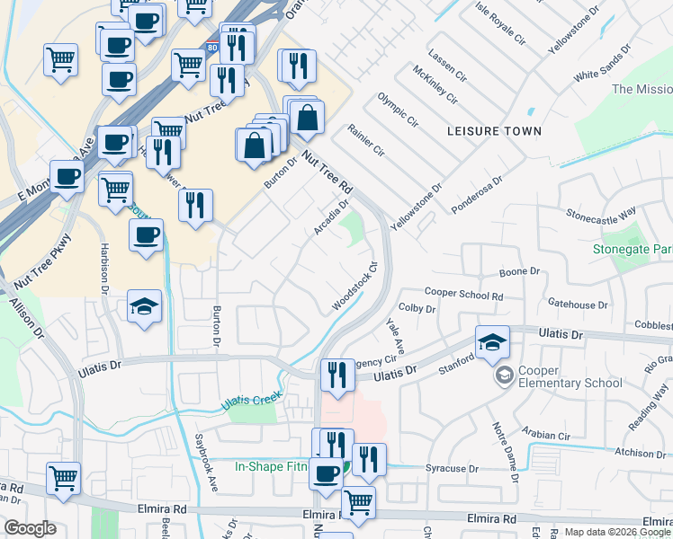 map of restaurants, bars, coffee shops, grocery stores, and more near 513 Rockridge Place in Vacaville