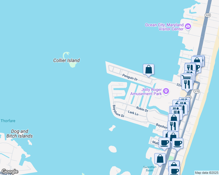 map of restaurants, bars, coffee shops, grocery stores, and more near 639 Bayshore Drive in Ocean City