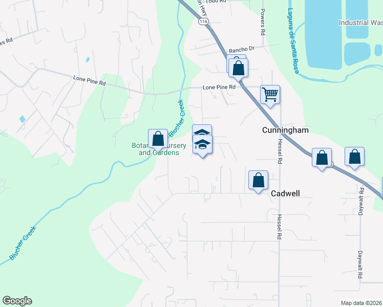 map of restaurants, bars, coffee shops, grocery stores, and more near 3840 Twig Avenue in Sebastopol