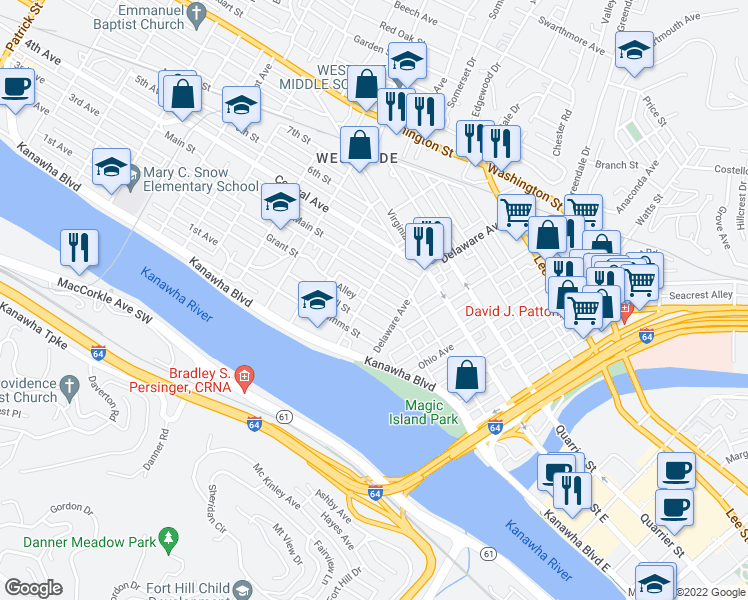 map of restaurants, bars, coffee shops, grocery stores, and more near 521 Grant Street in Charleston