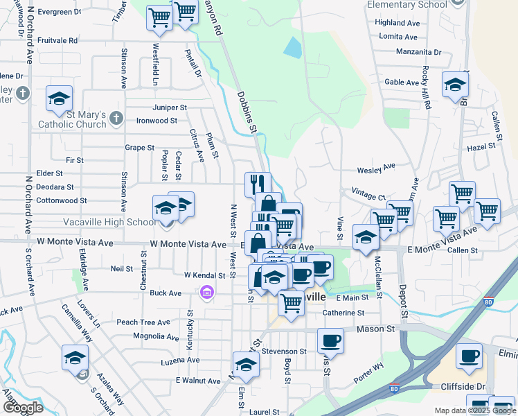 map of restaurants, bars, coffee shops, grocery stores, and more near 81 Cernon Street in Vacaville