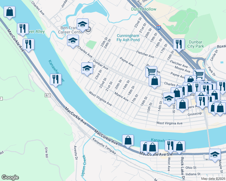map of restaurants, bars, coffee shops, grocery stores, and more near 301 20th Street in Dunbar