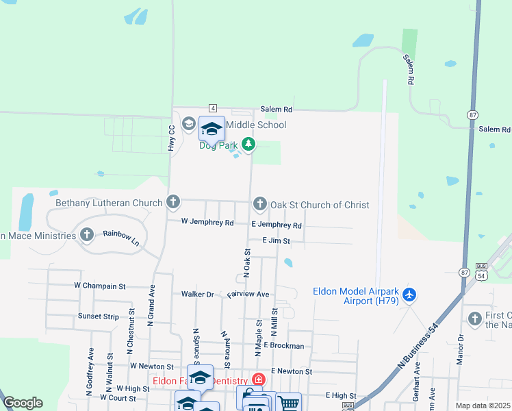 map of restaurants, bars, coffee shops, grocery stores, and more near 1010 North Oak Street in Eldon
