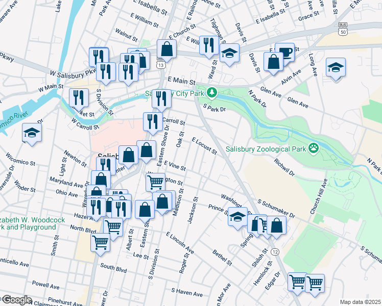 map of restaurants, bars, coffee shops, grocery stores, and more near 411 Franklin Avenue in Salisbury