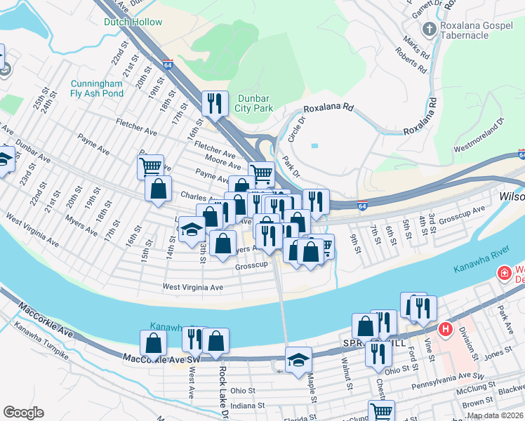 map of restaurants, bars, coffee shops, grocery stores, and more near in Dunbar