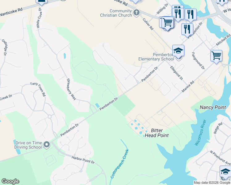 map of restaurants, bars, coffee shops, grocery stores, and more near 1401-1415 Pemberton Drive in Salisbury