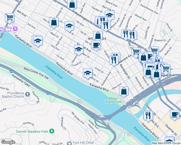 map of restaurants, bars, coffee shops, grocery stores, and more near Hall Street in Charleston