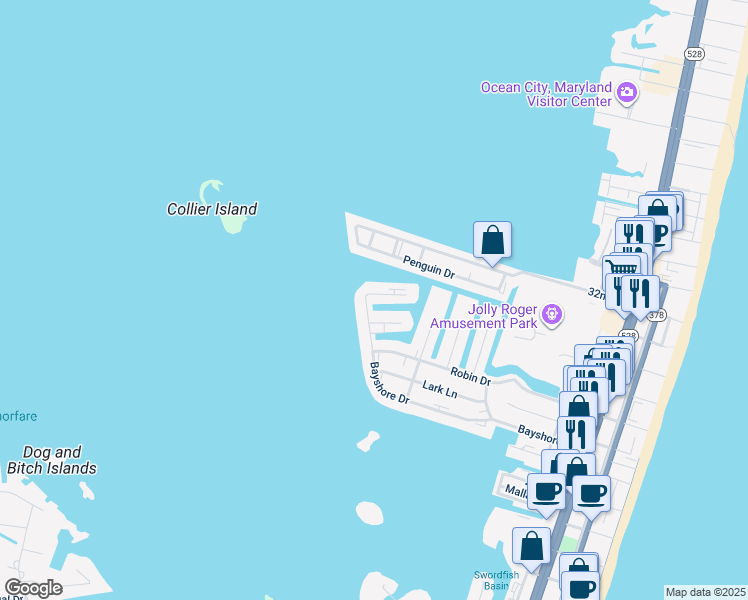 map of restaurants, bars, coffee shops, grocery stores, and more near 617 Bayshore Court in Ocean City