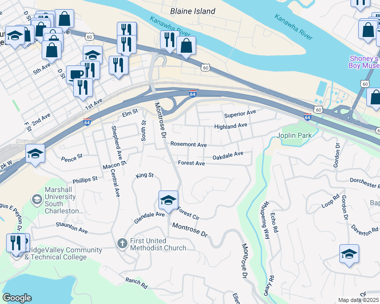 map of restaurants, bars, coffee shops, grocery stores, and more near 415 Spencer Street in Charleston