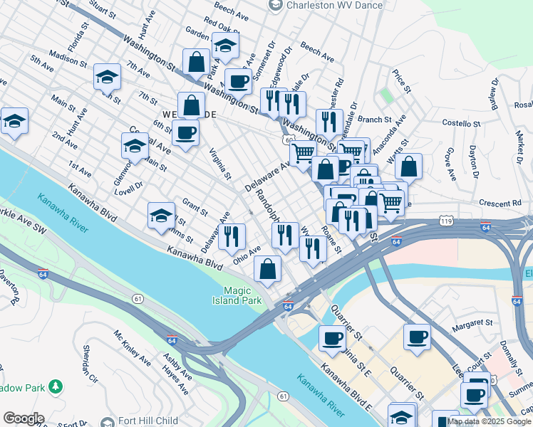 map of restaurants, bars, coffee shops, grocery stores, and more near 318 Randolph Street in Charleston