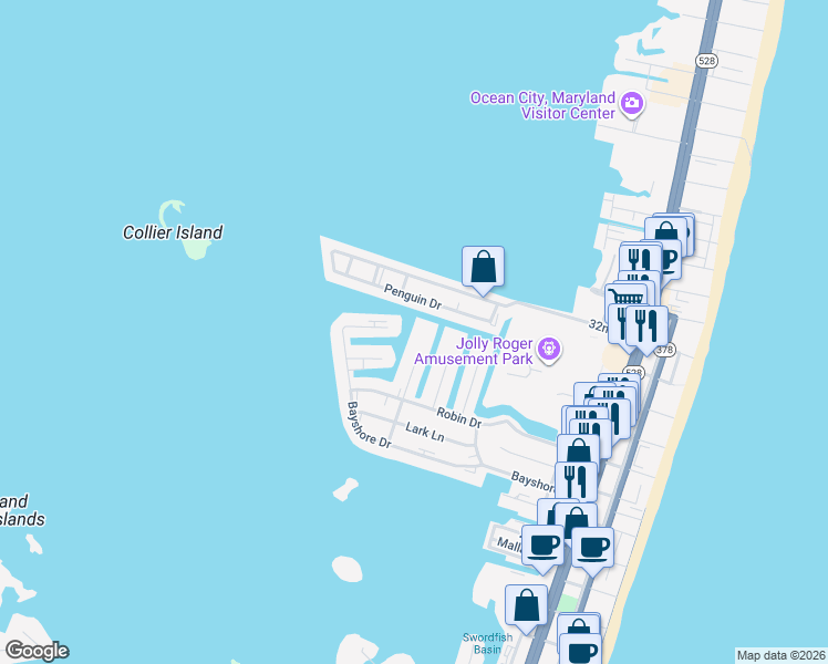 map of restaurants, bars, coffee shops, grocery stores, and more near 2828 Gull Way in Ocean City