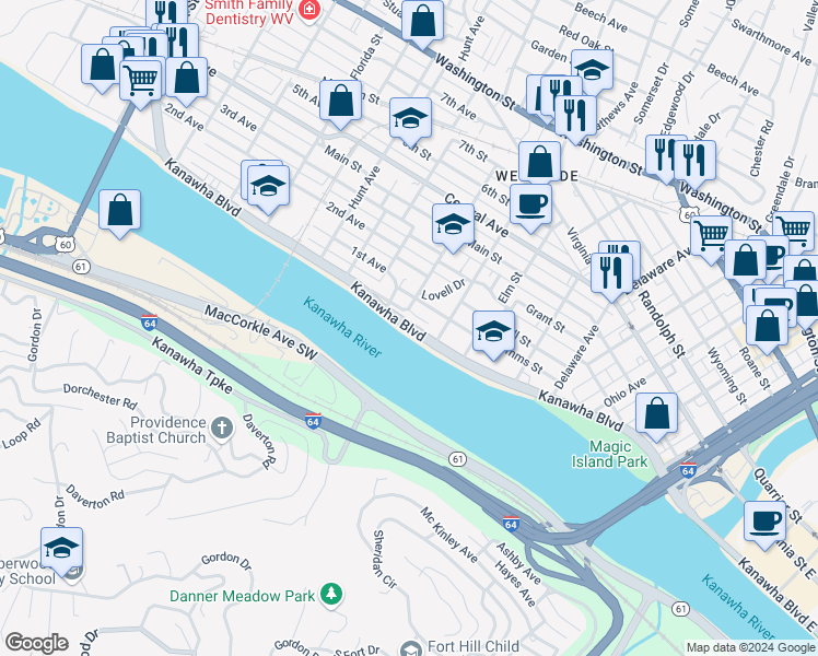 map of restaurants, bars, coffee shops, grocery stores, and more near 801 Kanawha Boulevard West in Charleston