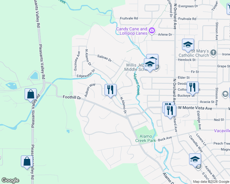 map of restaurants, bars, coffee shops, grocery stores, and more near 162 North Alamo Drive in Vacaville