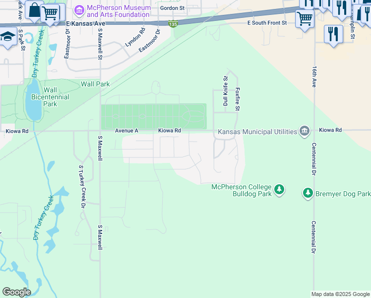 map of restaurants, bars, coffee shops, grocery stores, and more near 826 Stearman Street in McPherson