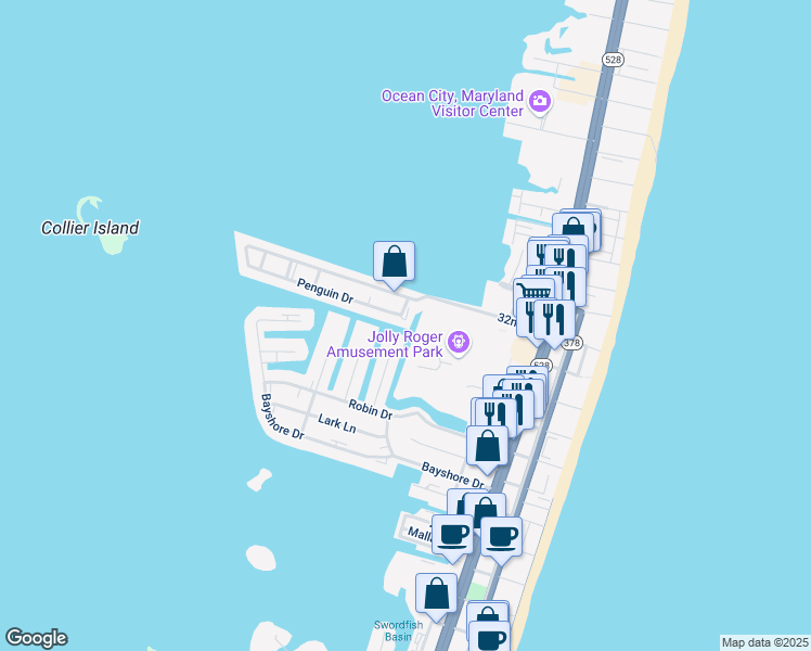 map of restaurants, bars, coffee shops, grocery stores, and more near 501 Penguin Drive in Ocean City