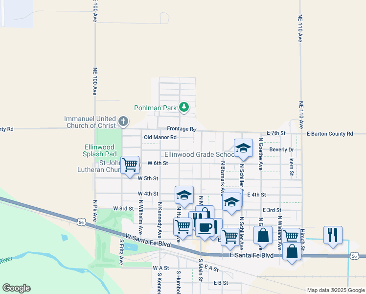 map of restaurants, bars, coffee shops, grocery stores, and more near 200 Pembroke Lane in Ellinwood