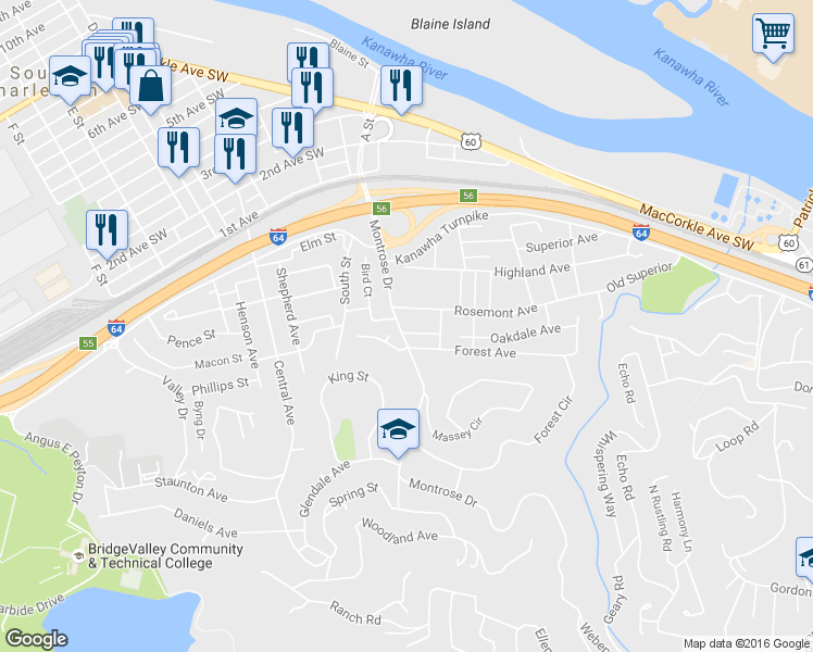 map of restaurants, bars, coffee shops, grocery stores, and more near 417 Montrose Drive in Charleston