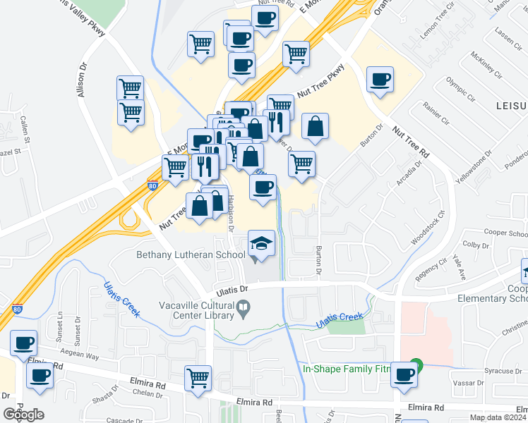 map of restaurants, bars, coffee shops, grocery stores, and more near 3000 Harbison Drive in Vacaville