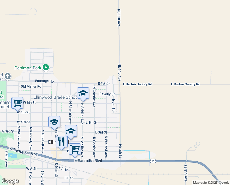 map of restaurants, bars, coffee shops, grocery stores, and more near 618-698 North Hirsch Avenue in Ellinwood