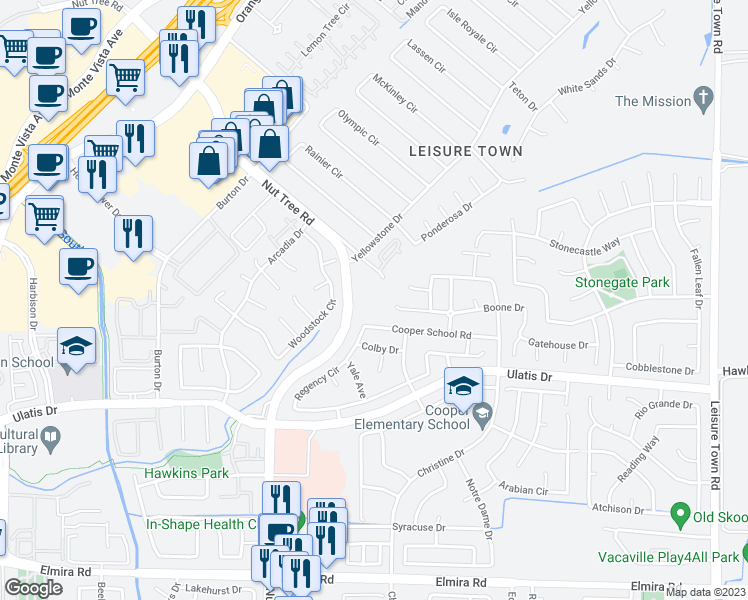 map of restaurants, bars, coffee shops, grocery stores, and more near 585 Nut Tree Court in Vacaville