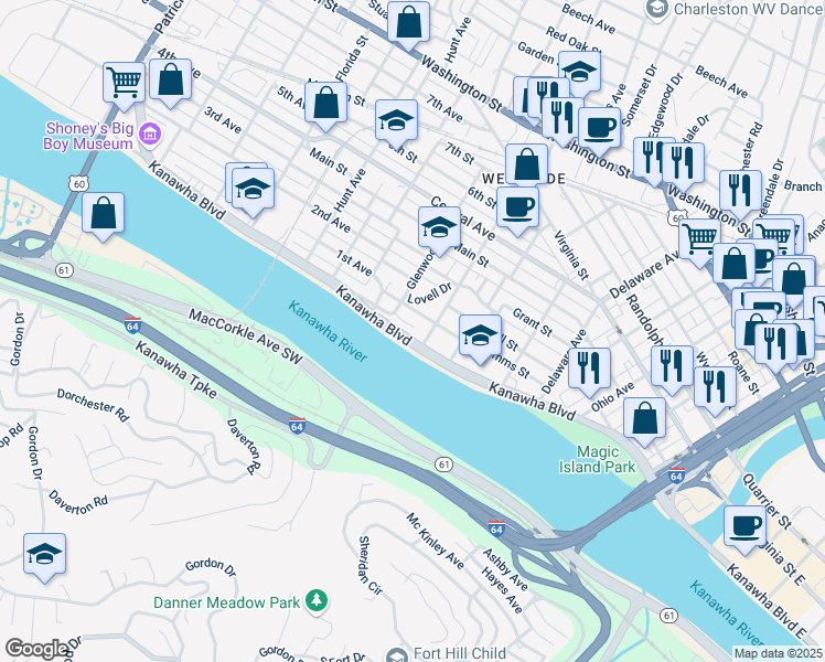 map of restaurants, bars, coffee shops, grocery stores, and more near 7 Park Avenue in Charleston