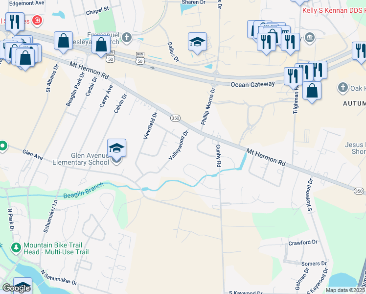 map of restaurants, bars, coffee shops, grocery stores, and more near 305 Valleywood Drive in Salisbury