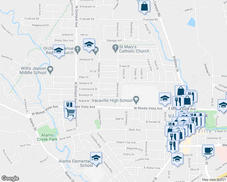 map of restaurants, bars, coffee shops, grocery stores, and more near 317 Cottonwood Street in Vacaville