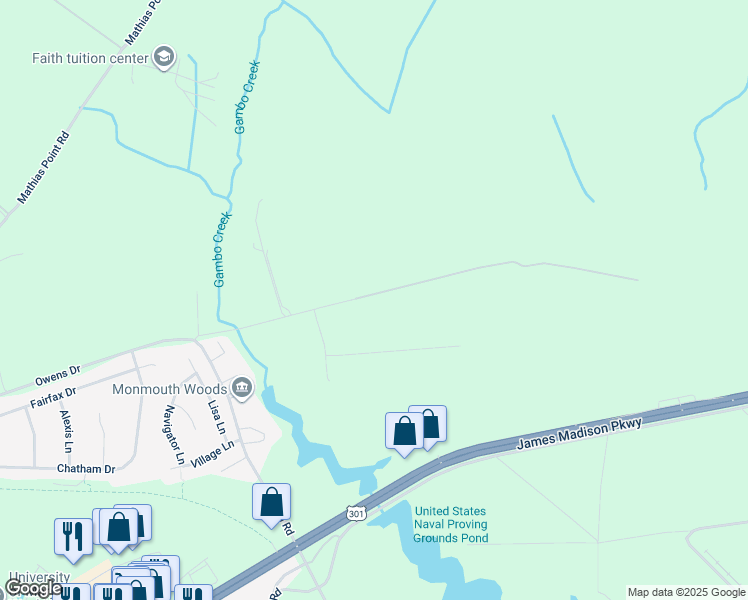 map of restaurants, bars, coffee shops, grocery stores, and more near Gambo Creek Road in King George County