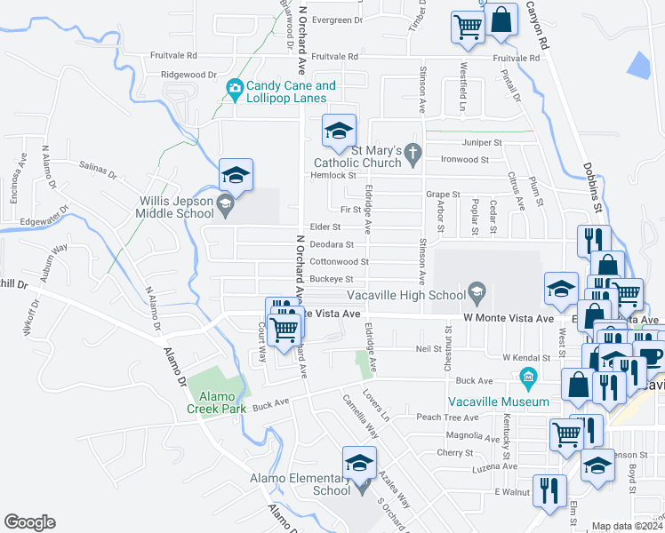map of restaurants, bars, coffee shops, grocery stores, and more near 449 Cottonwood Street in Vacaville