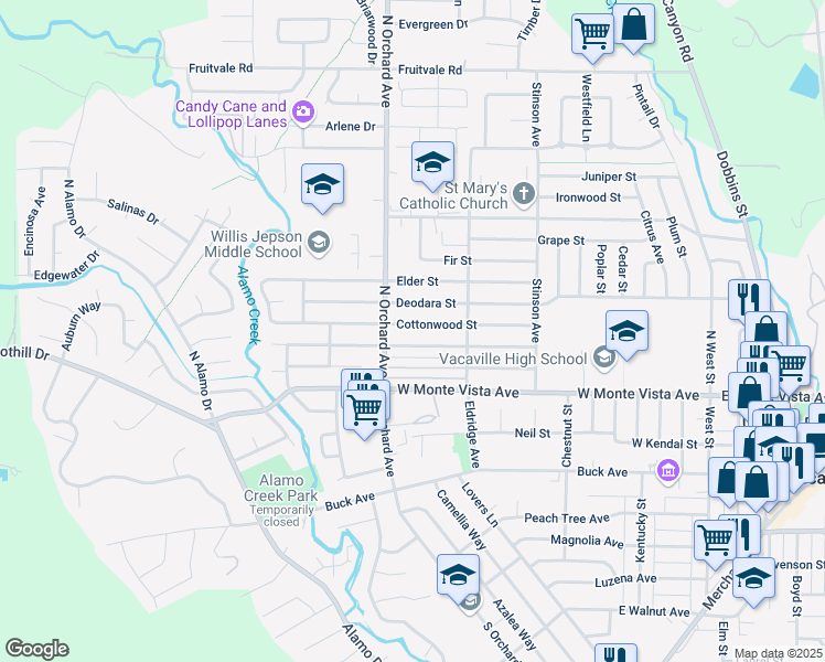 map of restaurants, bars, coffee shops, grocery stores, and more near 463 Cottonwood Street in Vacaville