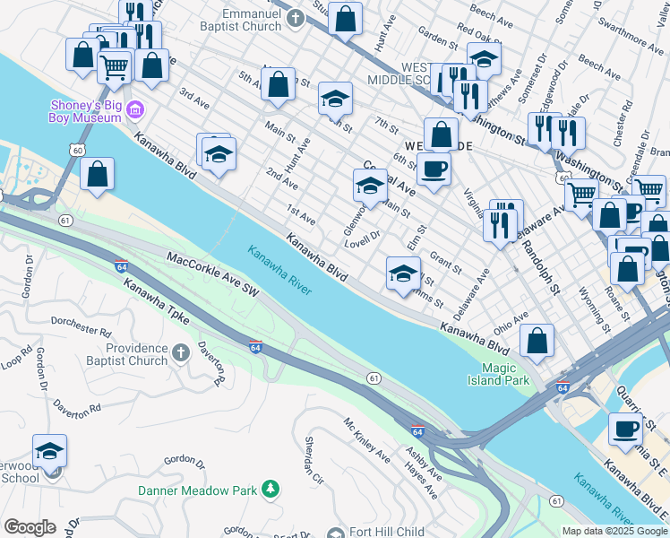 map of restaurants, bars, coffee shops, grocery stores, and more near Kanawha Boulevard West in Charleston