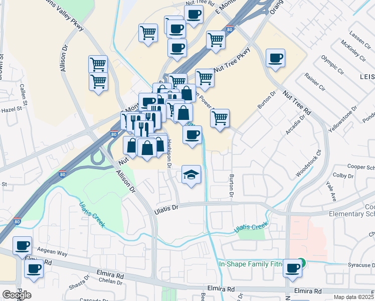 map of restaurants, bars, coffee shops, grocery stores, and more near 3000 Harbison Drive in Vacaville