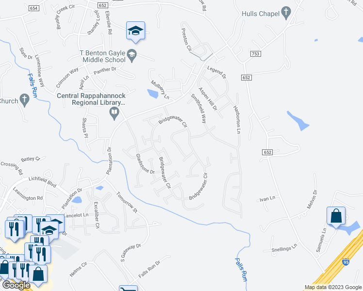 map of restaurants, bars, coffee shops, grocery stores, and more near 29 Castlewood Drive in Fredericksburg