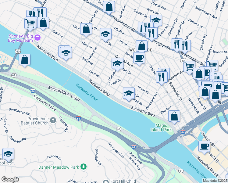 map of restaurants, bars, coffee shops, grocery stores, and more near 7 Park Avenue in Charleston